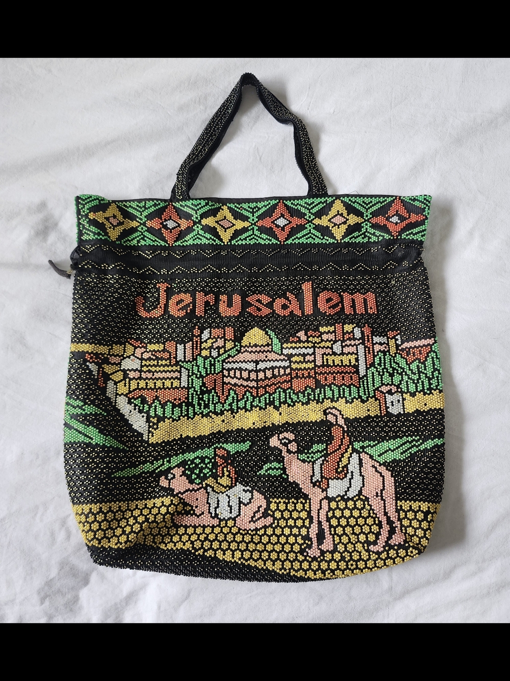 Vintage Jerusalem Beaded Tote Bag - Black with Green and Pink Accents